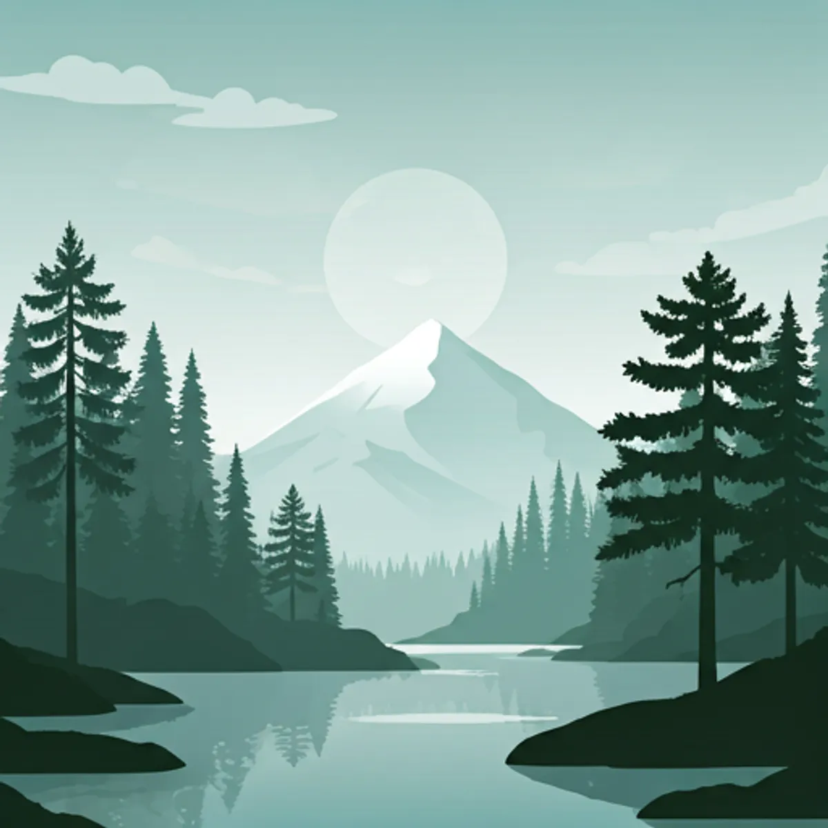 Serene mountain lake reflection at dawn with soft pink and cream clouds reflecting in glass-still water